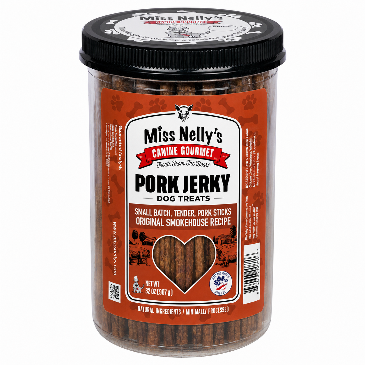 Which kind of meat is included in Miss Nelly's Pork Sticks dog treats?