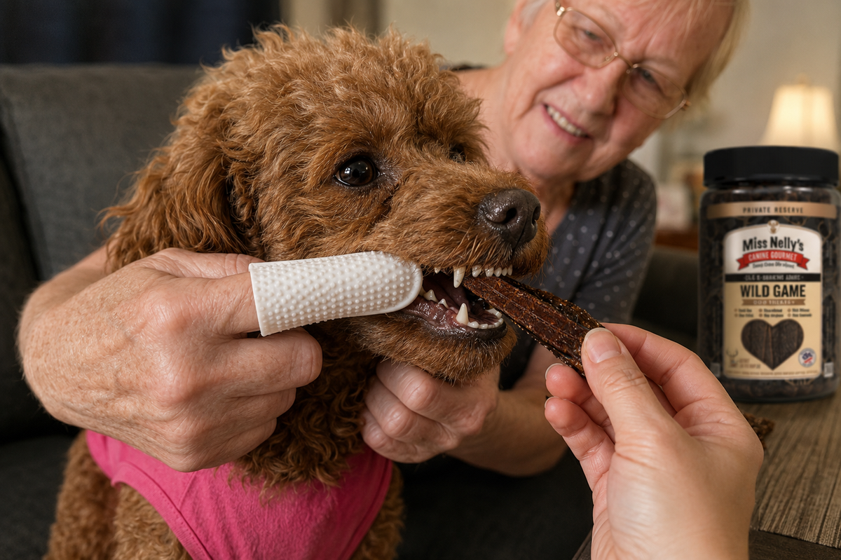 Poodle getting their teeth scrubbed with a dental finger cleaner while chewing a peice of Miss Nelly's jerky treats