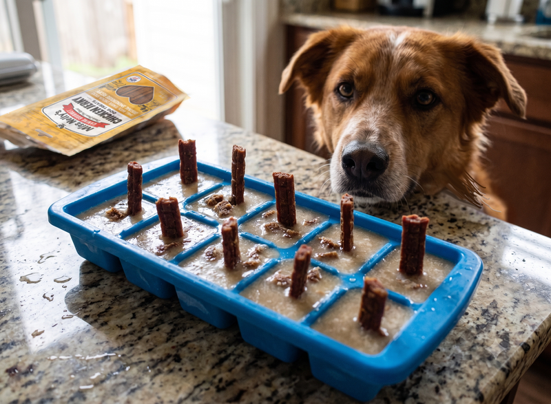 Dog looking at dog treats in a blue icecube tray with a bag of Miss Nelly's chicken sticks in the background