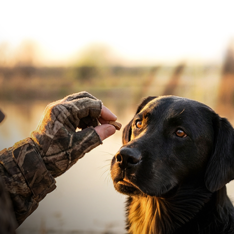 black lab dog accepts treat from owner in a river setting