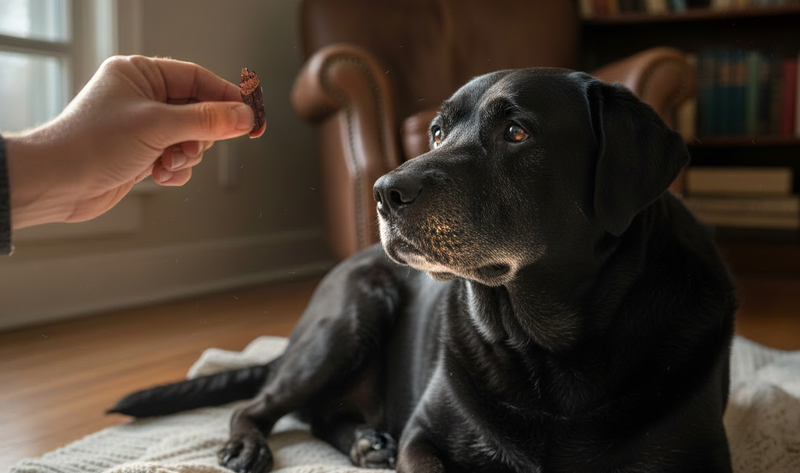 "Miss Nelly's beef jerky sticks for dogs" / "Senior dog enjoying chicken jerky treat" / "Picky dog sniffing pork jerky stick"