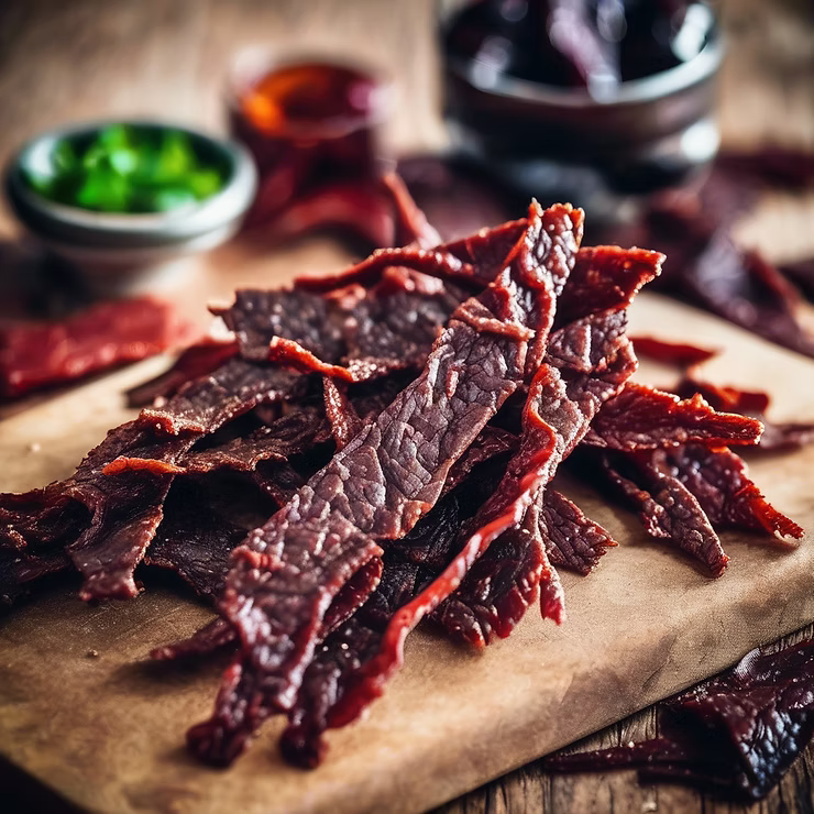 Closeup of sliced dried beef jerky showing texture and appearance.   . 