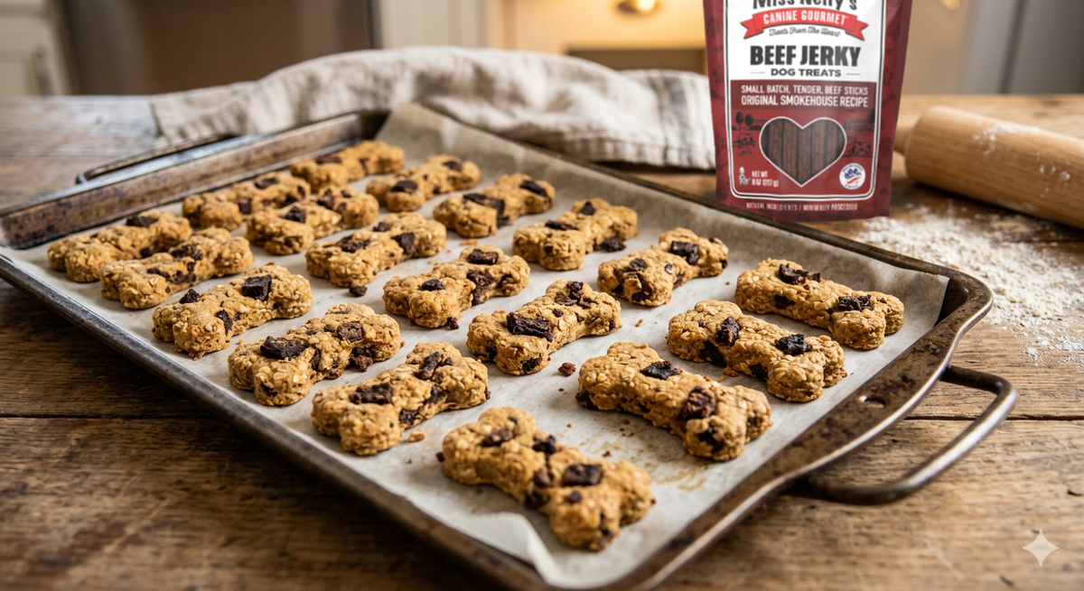 Freshly baked bone-shaped homemade oat dog treats with crumbled Miss Nelly's beef jerky on a parchment-lined baking sheet.