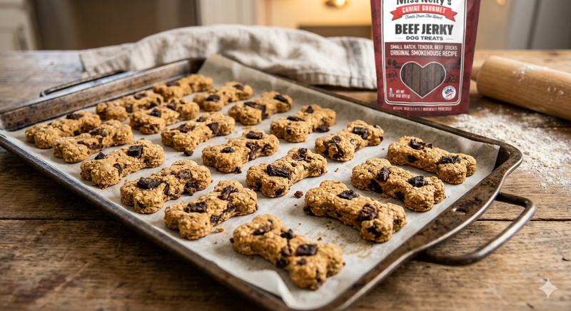 Freshly baked bone-shaped homemade oat dog treats with crumbled Miss Nelly's beef jerky on a parchment-lined baking sheet.