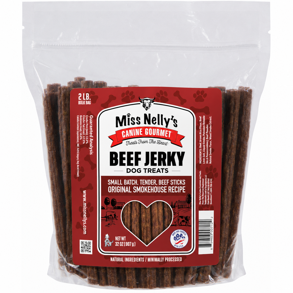 Pack of Miss Nelly's Canine Gourmet Beef Jerky dog treats with a red label.