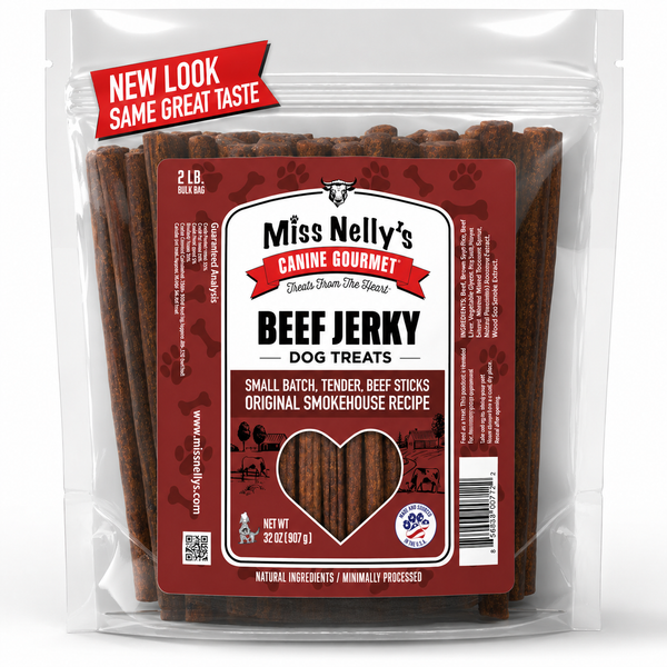 Packaging of Miss Nelly's Canine Gourmet Beef Jerky dog treats with a red label.
