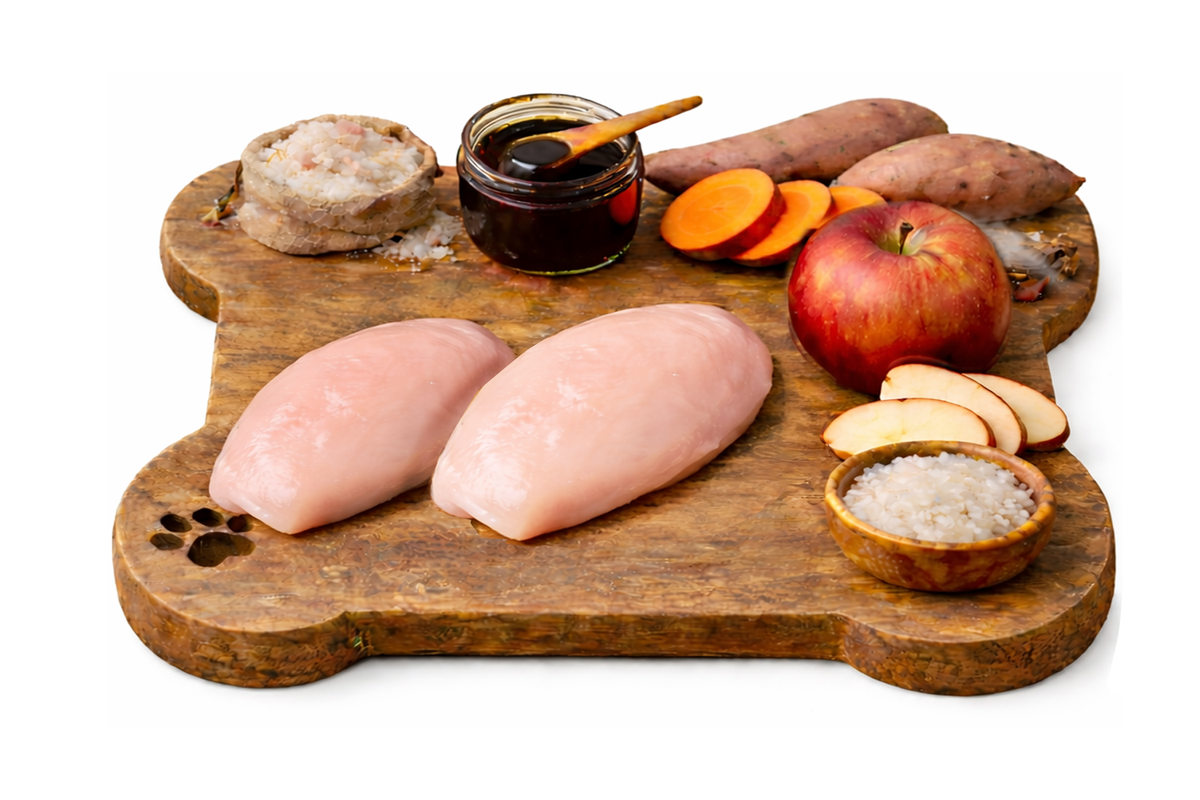 Raw chicken breasts on a wooden board with vegetables and condiments.