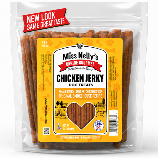 Packaging of Miss Nelly's Canine Gourmet Chicken Jerky dog treats with a yellow label.
