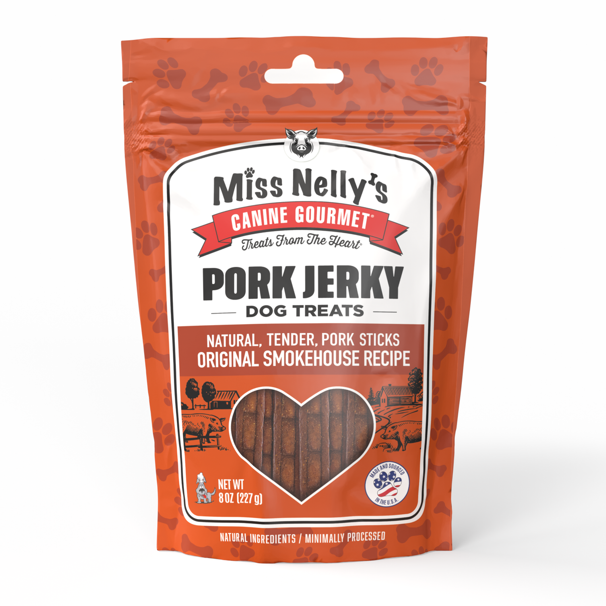 Front of Miss Nelly’s pork jerky dog treats 8 oz pouch