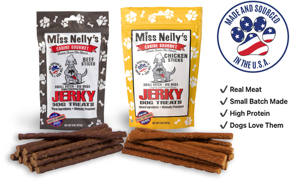Miss Nelly's Jerky Dog Treats packaging with sticks displayed on a white background