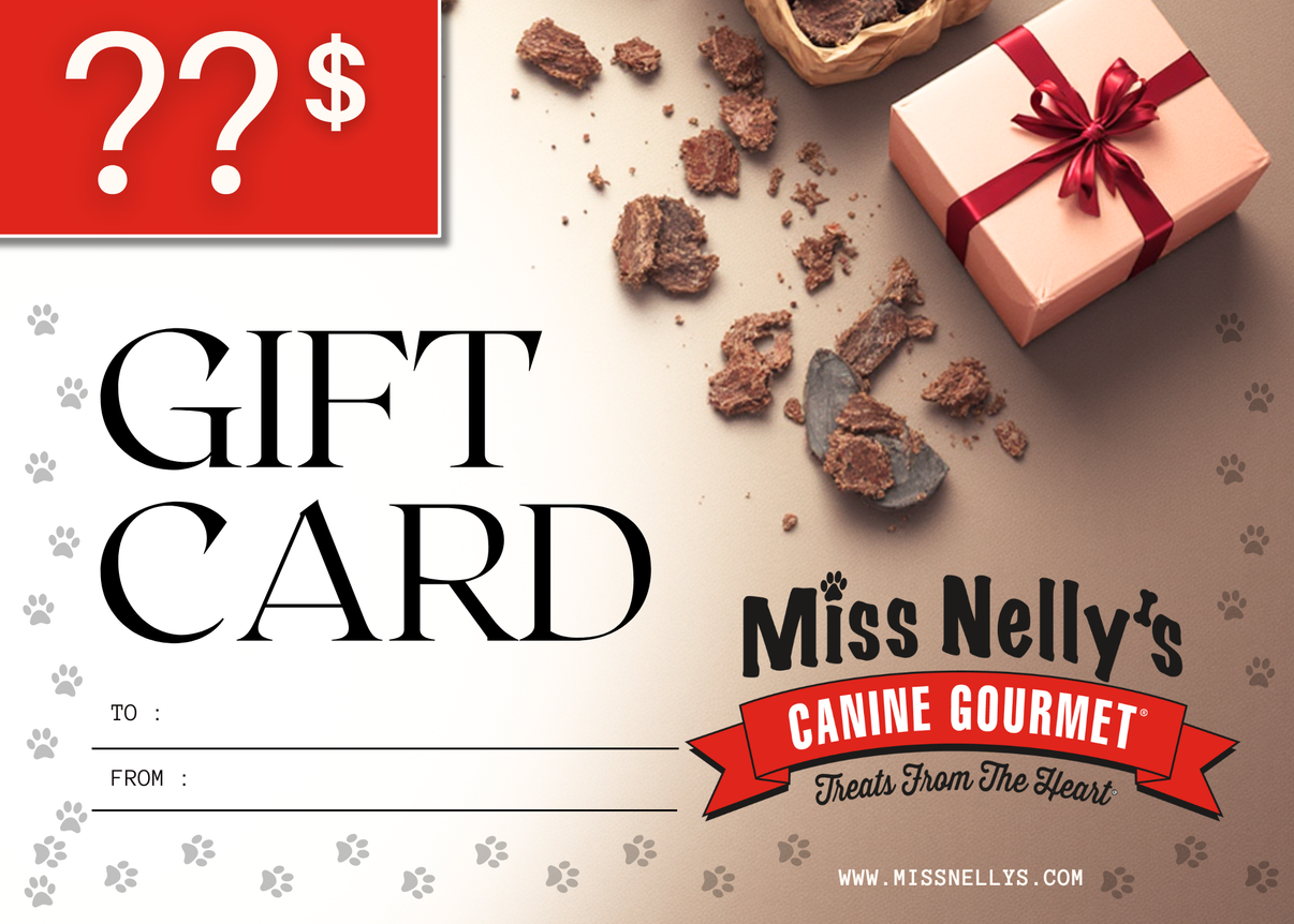 Gift card for Miss Nelly's Canine Gourmet with treats and a present on a patterned background