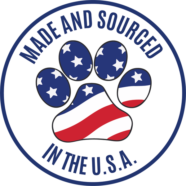 Logo with paw print design featuring American flag colors and text 'Made and Sourced in the U.S.A.'
