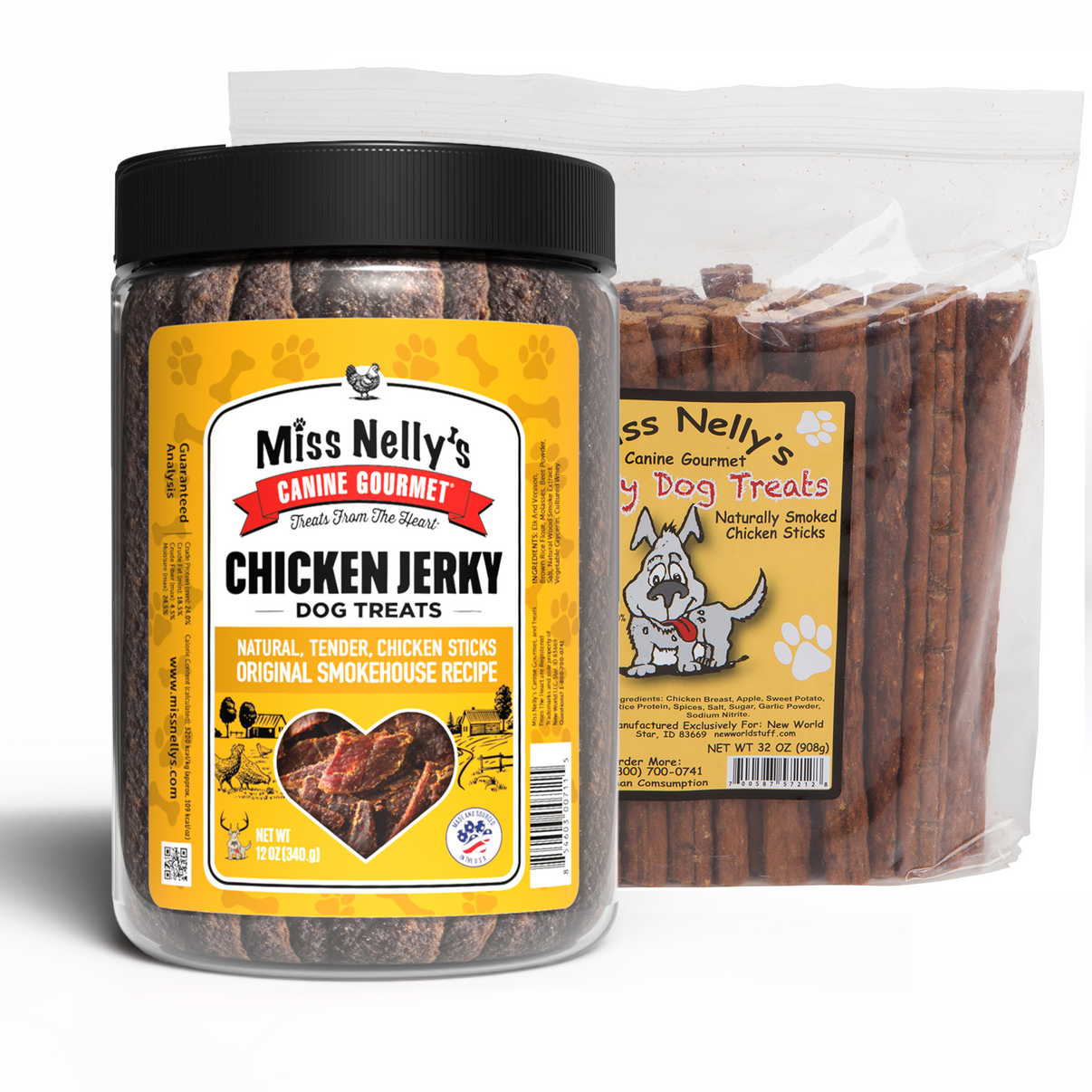 Miss Nelly's Canine Gourmet chicken jerky dog treats in a jar and packaging on a white background
