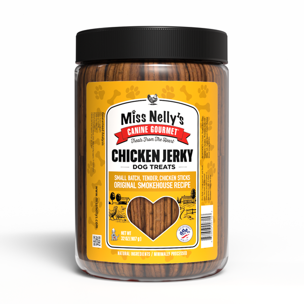 Jar of Miss Nelly's Chicken Jerky dog treats on a white background