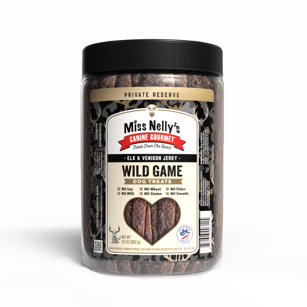 Jar of Miss Nelly's Caine Gourmet Wild Game Dog Treats on a white background