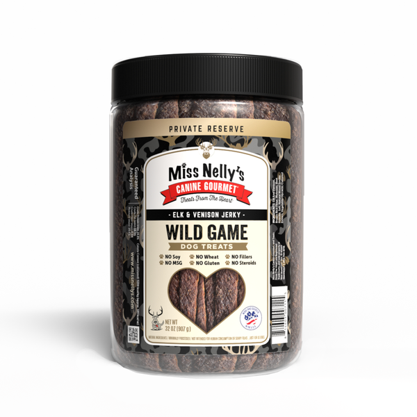 Jar of Miss Nelly's Caine Gourmet Wild Game Dog Treats on a white background