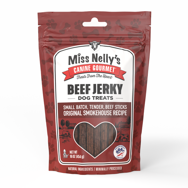 Package of Miss Nelly's Canine Gourmet Beef Jerky Dog Treats on a white background