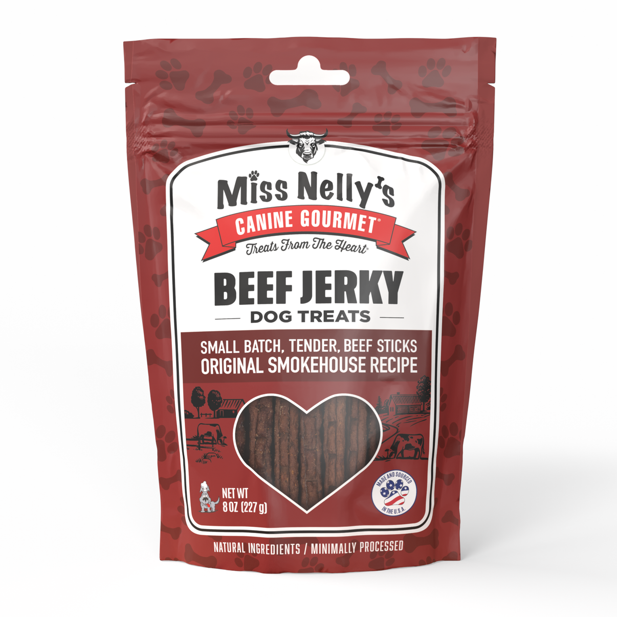 Package of Miss Nelly's Canine Gourmet Beef Jerky dog treats on a white background