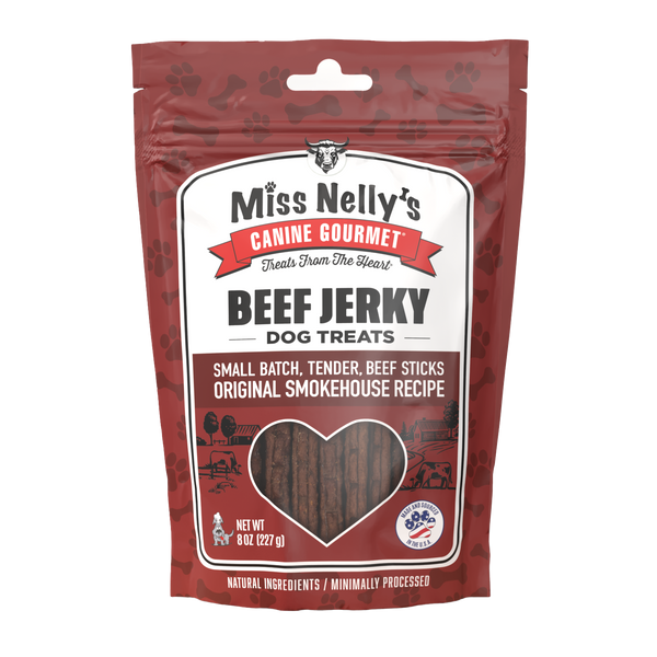 Package of Miss Nelly's Canine Gourmet Beef Jerky dog treats on a white background