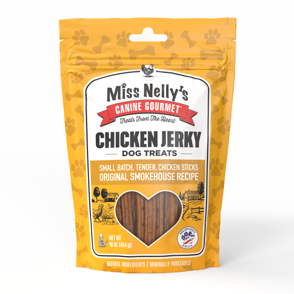 Package of Miss Nelly's Canine Gourmet Chicken Jerky dog treats on a white background
