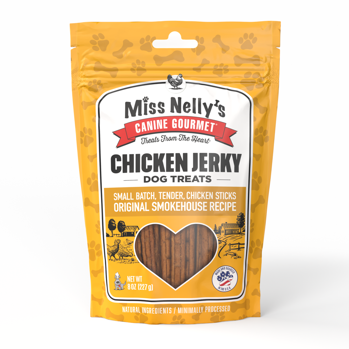 8 oz pouch of Miss Nelly's Canine Gourmet Chicken Jerky dog treats on a white background