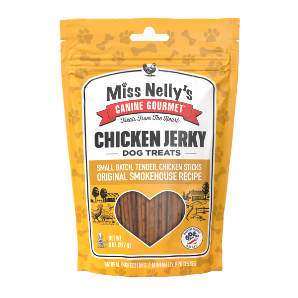 Package of Miss Nelly's Canine Gourmet Chicken Jerky dog treats on a white background
