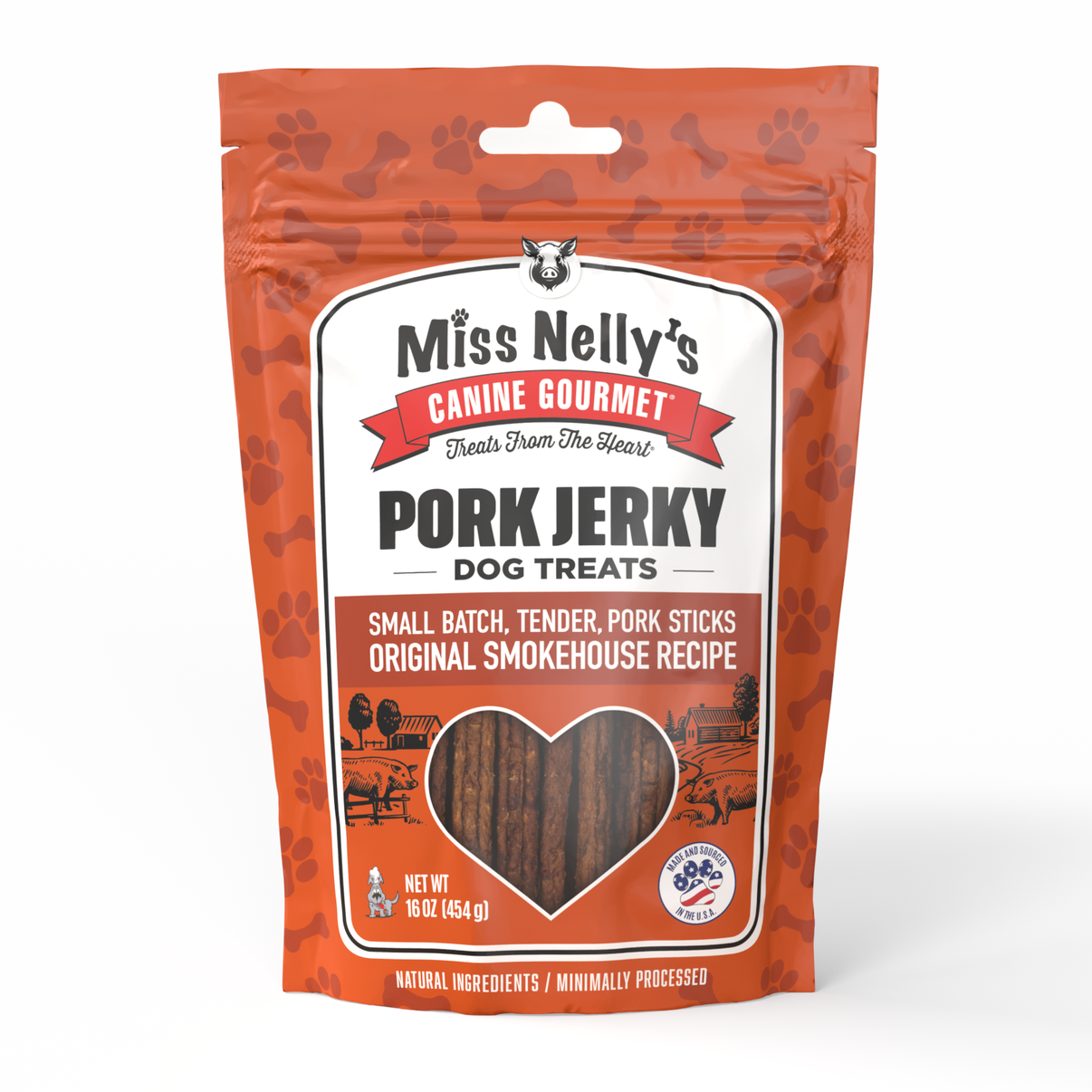 16 ounce pouch of Miss Nelly's Canine Gourmet Pork Jerky dog treats on a white background