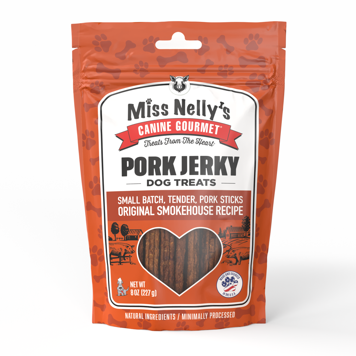 Package of Miss Nelly's Canine Gourmet Pork Jerky dog treats on a white background