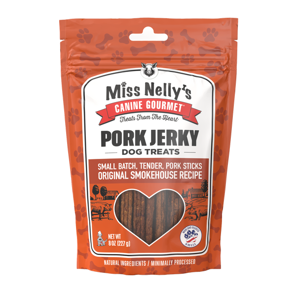 Package of Miss Nelly's Canine Gourmet Pork Jerky dog treats on a white background