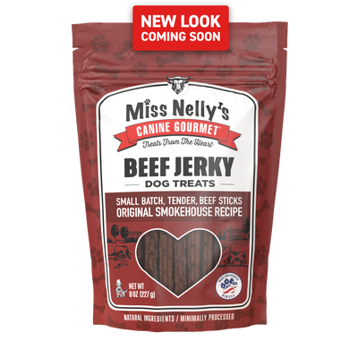 Miss Nelly's Canine Gourmet Beef Jerky dog treats packaging with a 'New Look Coming Soon' label.