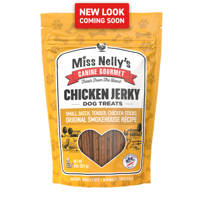 Package of Miss Nelly's Canine Gourmet Chicken Jerky dog treats with a 'New Look Coming Soon' label.
