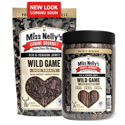 Miss Nelly's Canine Gourmet Wild Game dog treats packaging with 'New Look Coming Soon' banner.