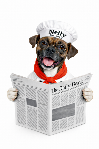 Dog wearing a chef's hat and reading a newspaper titled 'The Daily Bark'.