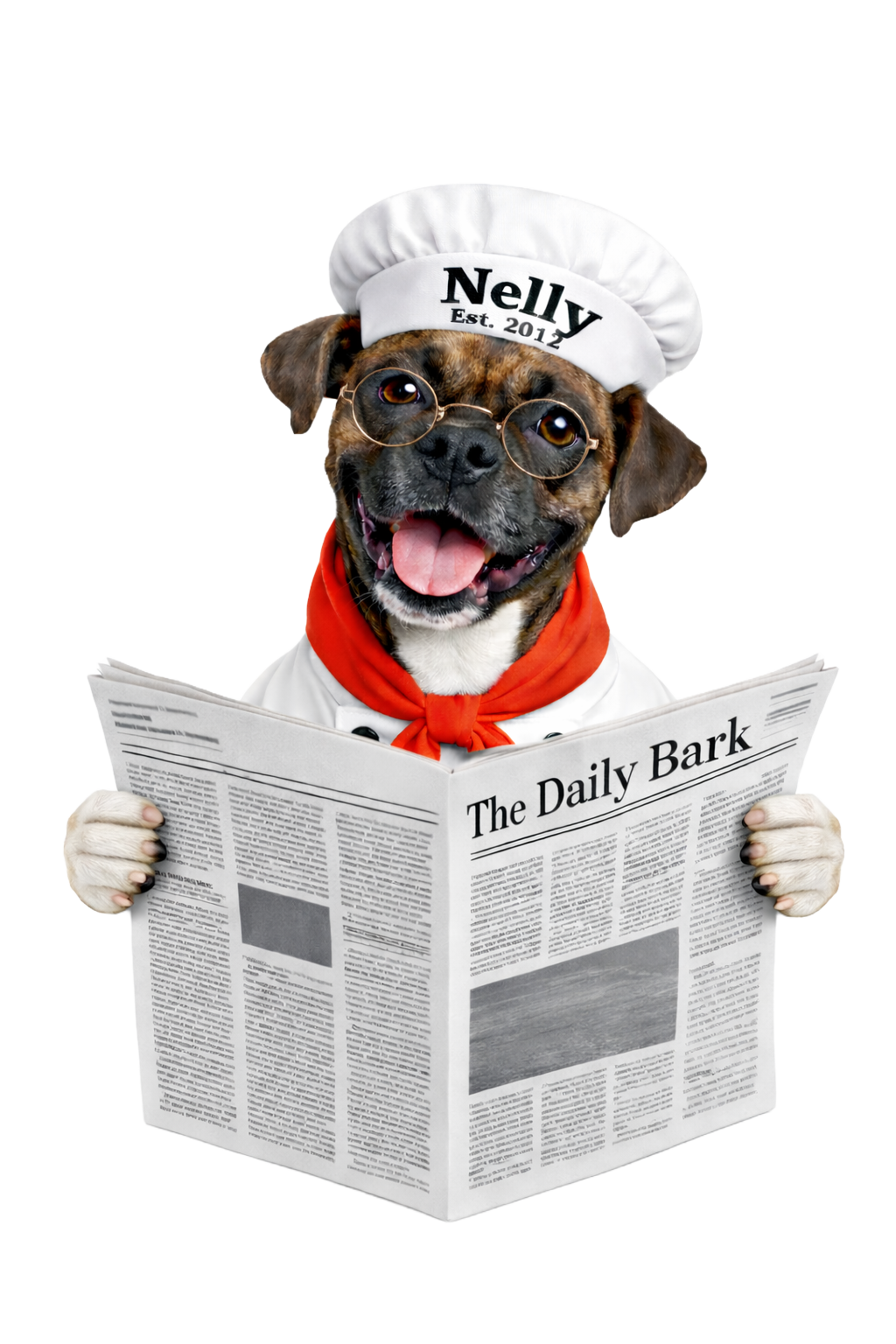 Miss Nelly wearing a chef's hat and reading a newspaper titled 'The Daily Bark'.