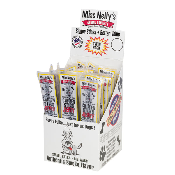 Display of Miss Nelly's Canine Gourmet dog treat packages on a white background