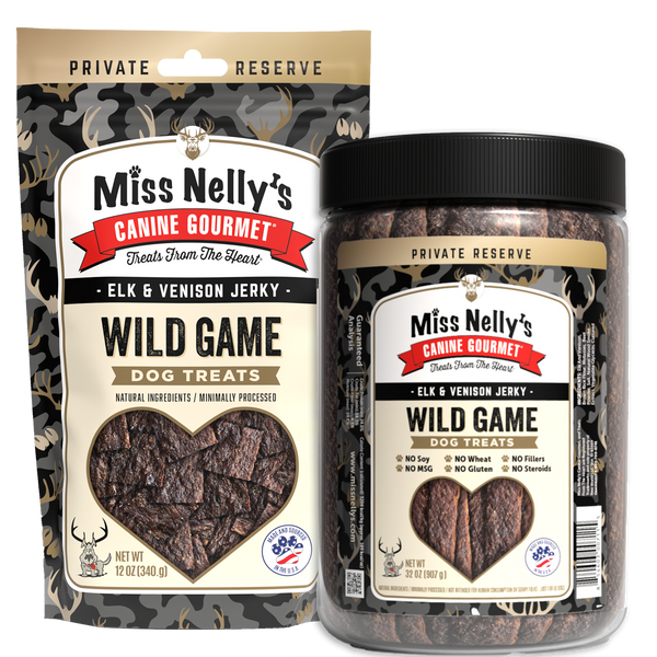 Miss Nelly's Canine Gourmet Wild Game dog treats packaging including a bag and a jar on a white background.
