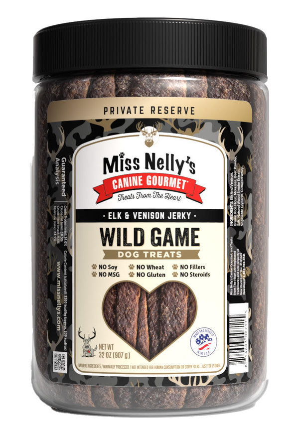 Miss Nelly’s Heart of the Wild Elk & Venison Strips Jerky Dog Treats – 32 oz Tub